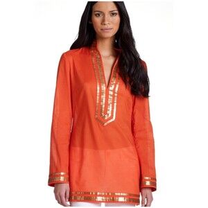 TORY BURCH Gold Sequins V-Neck Orange Caftan Tunic